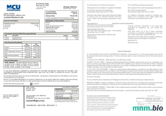 USA MCU Bank wyciąg z kredytu hipotecznego w formatach Word i PDF